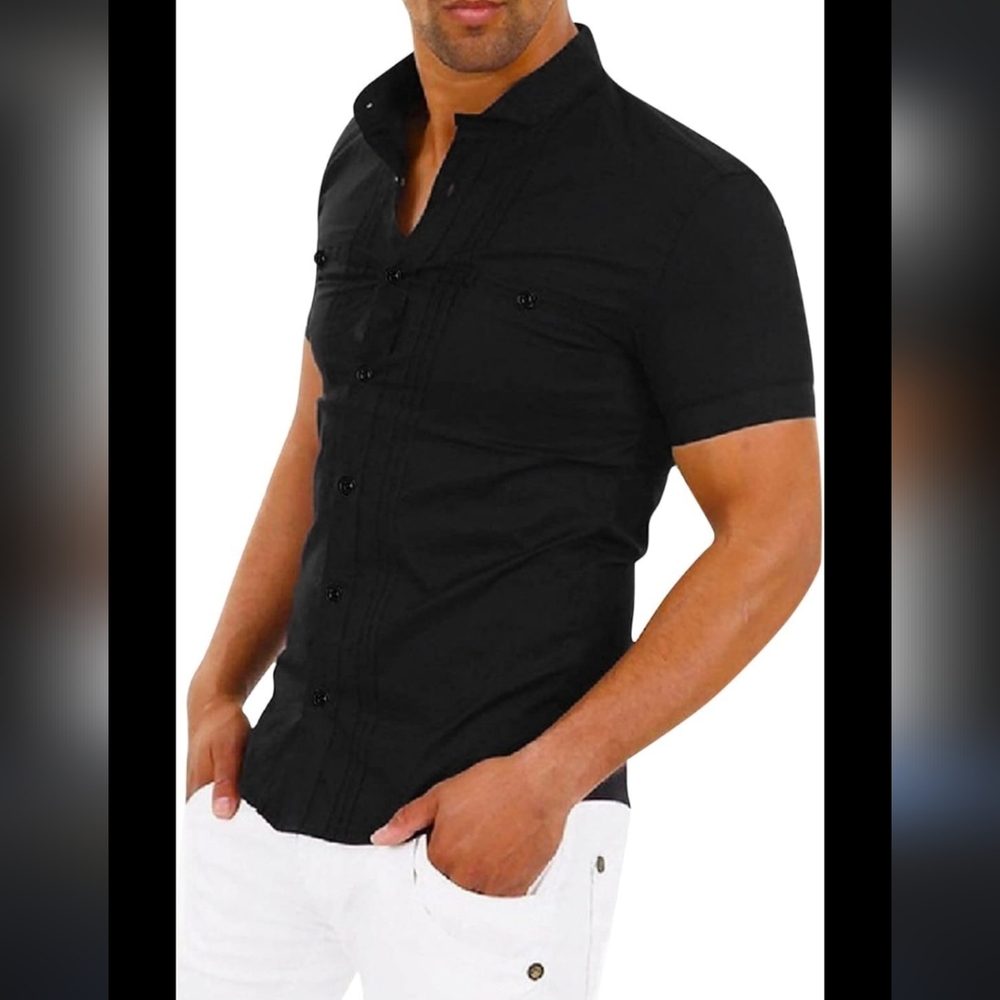 Men's Poplin Black T Shirts - Button Up Short Sleeve Fashion Solid Blouses